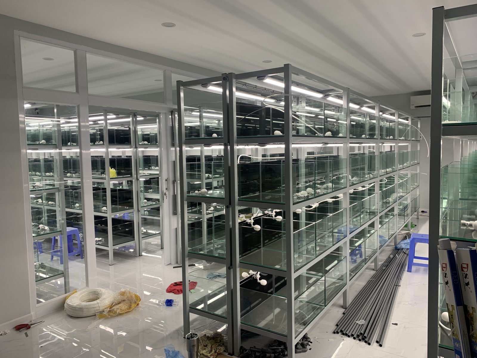 Tanks on racks, lines starting